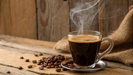 Wall Mural - Aromatic coffee in a glass cup with roasted beans on rustic wood