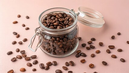 Wall Mural - A glass jar filled with roasted coffee beans sits on a pink surface, with a few beans scattered around it.