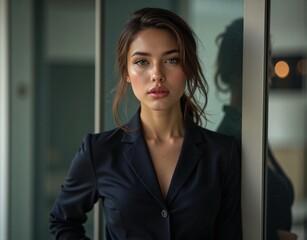 A confident young woman in professional attire captured in a modern business environment, photography of portrait concept.