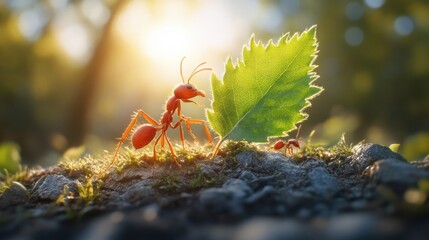 Wall Mural - Sunrise Forest Ant Carrying Leaf - Teamwork