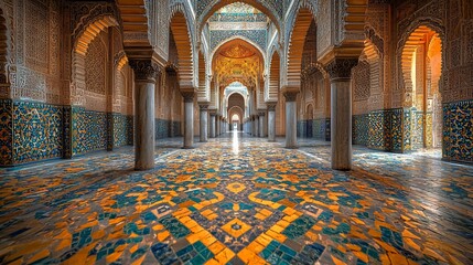 Poster - Moroccan mosque hallway, intricate tilework, sunlit, architectural detail, travel