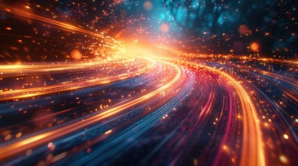 Poster - Vibrant abstract light trails in dynamic motion with glowing particles