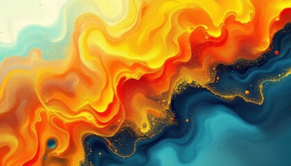Poster - Vibrant abstract fluid art with yellow, orange, and blue swirls