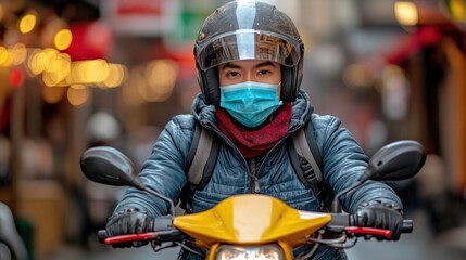 Urban delivery person on scooter, COVID-era, bustling city background