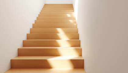 Poster - Sunlight streaming on minimalist wooden staircase in a bright interior