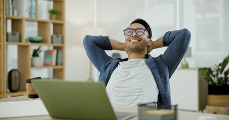 Poster - Laptop, smile and relax, businessman with glasses at desk, success or professional achievement. Office, break or happy man with positive online feedback, creative review or report on business website