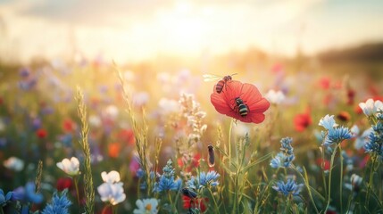 Wall Mural - Vibrant wildflowers, sunset meadow, bees on poppy, idyllic scene