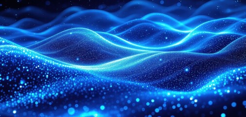 Poster - Abstract blue neon waves and particles creating a futuristic cosmic landscape