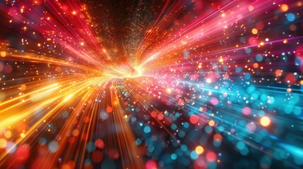 Poster - Dynamic neon light burst with colorful particles and abstract energy waves