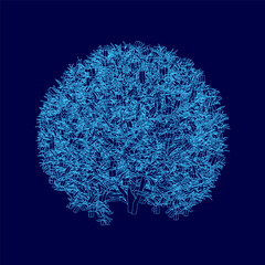 Poster - A blue tree with many branches and leaves. The tree is surrounded by a blue background. The tree is made up of many small lines and shapes
