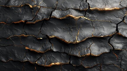 Poster - Cracked black surface with gold veins creating abstract geological pattern