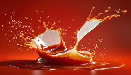 Poster - Vibrant caramel and milk splash against red background