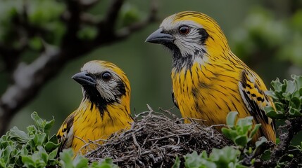 Wall Mural - Yellow birds in nest,  forest background,  wildlife,  nature