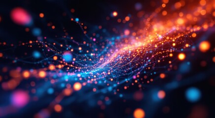 Fototapete - Abstract digital network with glowing orange and blue lights on a dark background