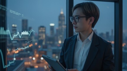 Aufkleber - Business professional analyzing data trends in urban skyline setting