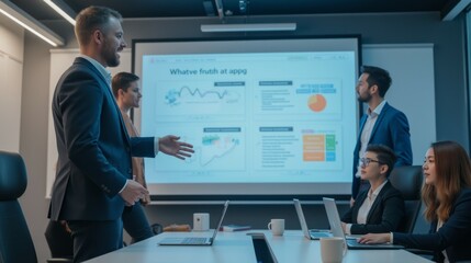 Poster - Business Meeting with Presentation in Modern Office Setting