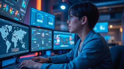 Poster - Focused Woman Working in Modern Control Room with Multiple Screens