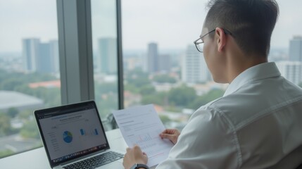 Poster - Professional Man Analyzing Business Reports in Modern Office Space