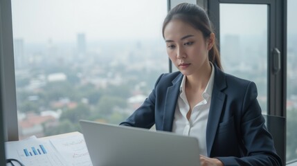 Poster - Focused Businesswoman Working on Laptop in Modern Office Setting