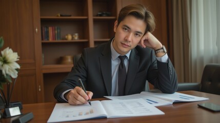 Aufkleber - Businessman in Suit Analyzing Financial Reports in Modern Office
