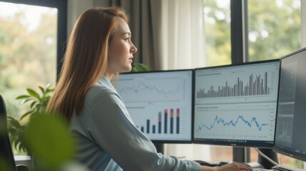 Poster - Professional Woman Analyzing Data on Dual Computer Monitors in Office