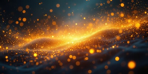 Poster - Glowing abstract wave of golden light particles sparkling in motion