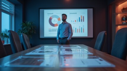 Poster - Business Professional Standing in Conference Room with Charts