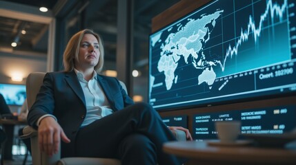Poster - Executive in Suit Analyzing Financial Data and Global Trends