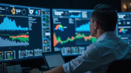 Poster - Business Professional Analyzing Financial Data on Multiple Screens