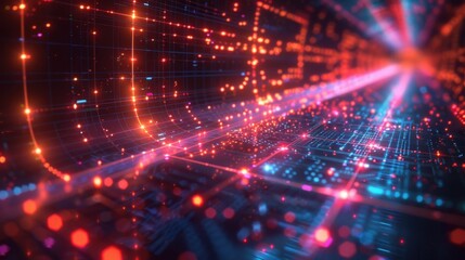 Fototapete - Futuristic digital circuit with neon light and bokeh effect