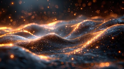 Poster - Abstract glowing waves with illuminated particles in dark ambient background