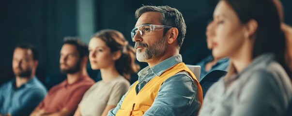 Poster - A diverse group of professionals engaged in a meeting, showcasing various expressions of focus and contemplation. Perfect for corporate and team-building themes.