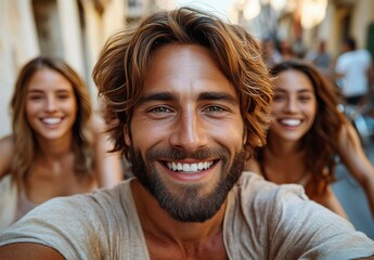 Sticker - A man with a beard and a woman with long hair are smiling at the camera