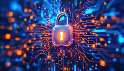 Poster - Digital security concept with glowing lock and circuit board background