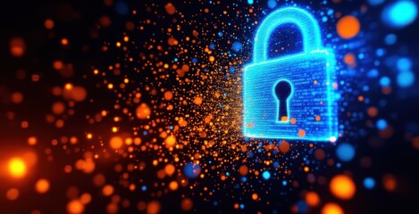 Poster - Glowing digital padlock with sparkling particles in a cybersecurity concept