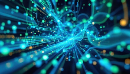 Fototapete - Futuristic digital network with glowing blue and green lights