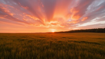 Wall Mural - Golden Sunset Over Wheat Field with Dramatic Cloud Patterns