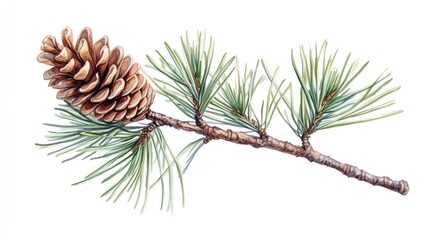 pine branch with cone, isolated, white background, nature illustration, design element