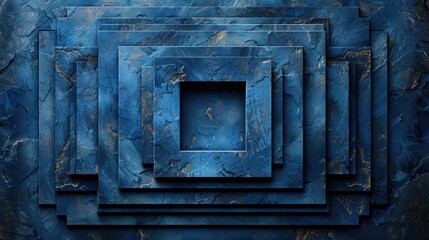 Poster - Abstract blue textured layers with gold accents in geometric square pattern