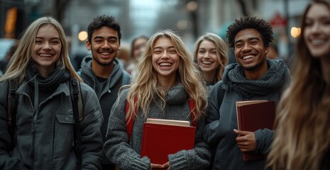 Sticker - A group of smiling people are holding books and wearing winter coats