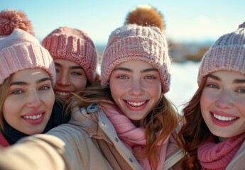 Sticker - A group of women wearing pink hats and scarves are smiling for a photo