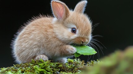 Wall Mural - Cute bunny eating leaf, mossy forest background, pet, nature