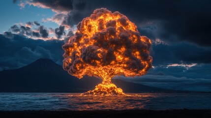 Poster - Large orange explosion with fiery clouds in the sky creating a dramatic and intense visual display