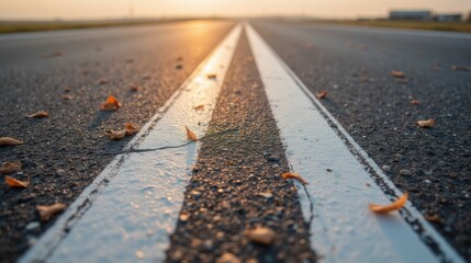 Wall Mural - Scenic Road with Leaves at Sunrise on a Calm Autumn Morning