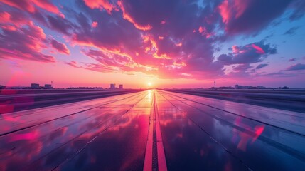 Wall Mural - Vibrant Sunset Over a Wet Runway with Colorful Sky Reflections