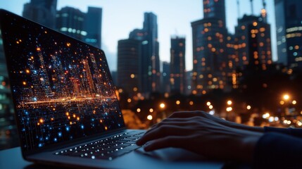 Aufkleber - Person using laptop computer outdoors in a city with hands typing on keyboard close up view
