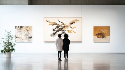 Poster - Woman and couple observing modern art in a contemporary art gallery setting with various paintings displayed