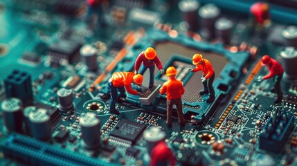 Poster - Miniature workers assembling a computer chip on a circuit board with various components