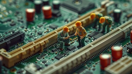 Poster - Miniature workers inspecting a circuit board, showcasing technology and teamwork in action