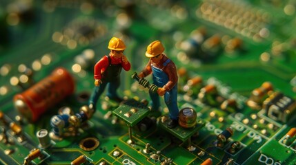Poster - Miniature workers repairing machinery on a circuit board, showcasing intricate details and technology